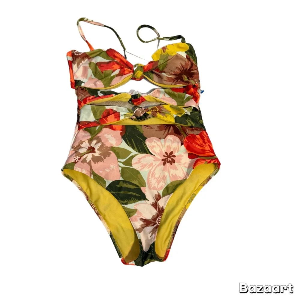 Aerie American Eagle Cut Out One Piece Swimsuit Bikini Bright Floral Triple Knot